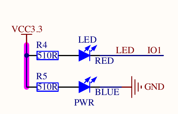 3.3 V 经 R4 与红色 LED 接到 IO1；蓝色 PWR 灯直接接地